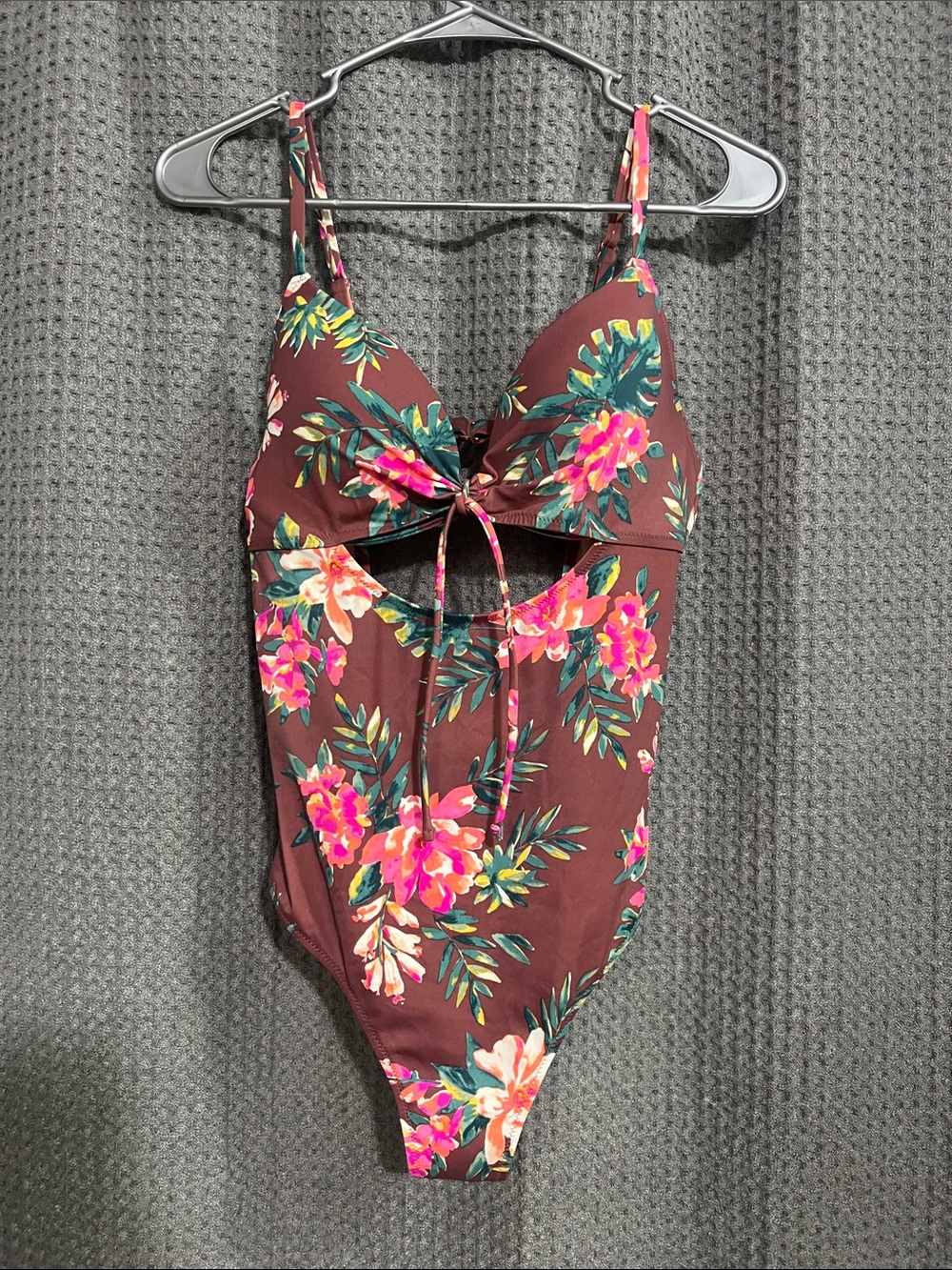Gorgeous Floral Cutout One-Piece Swimsuit - Dark Mauve with Pink & Green Flowers
